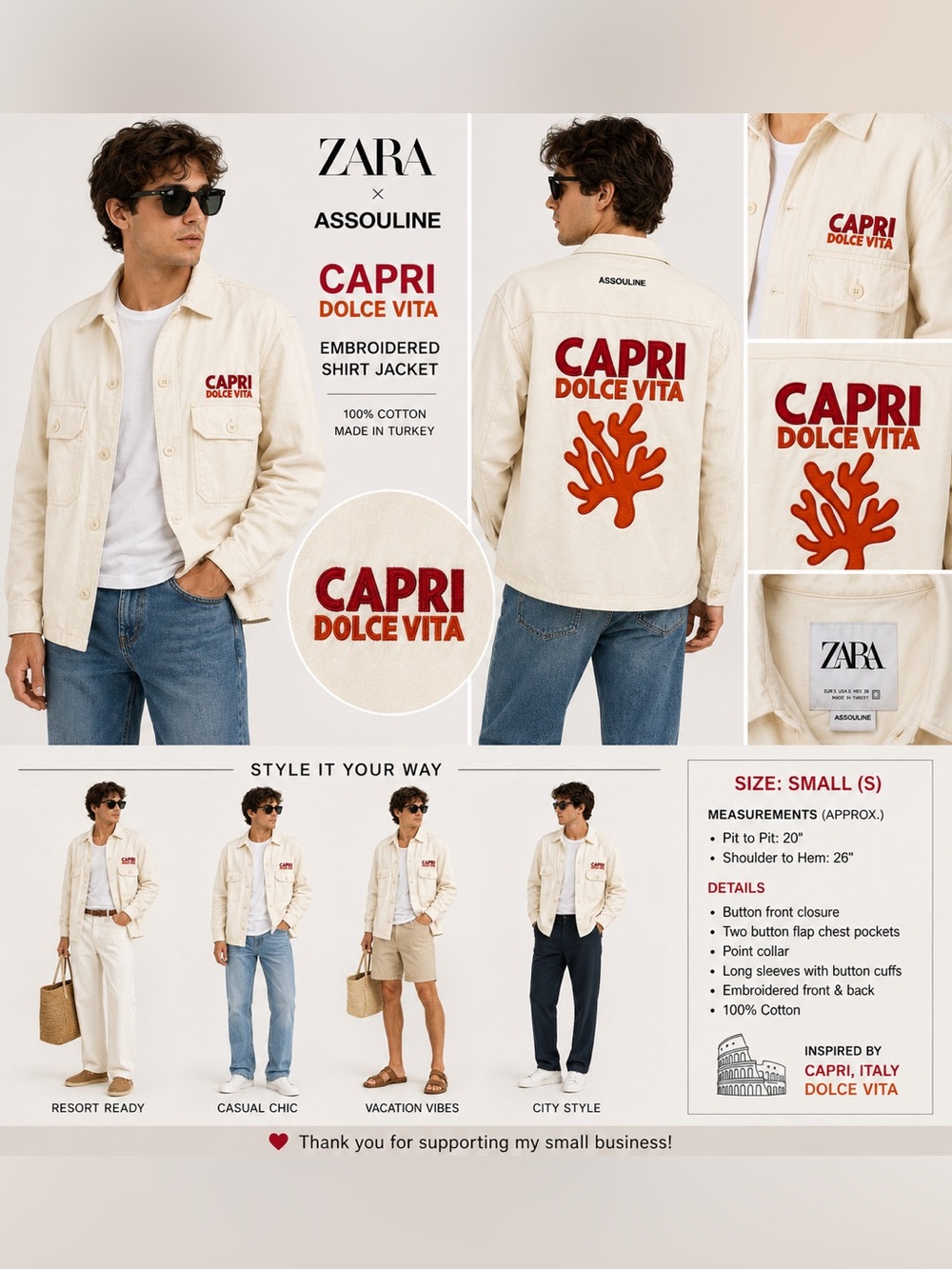 Zara x Assouline Capri Dolce Vita Jacket Small Embroidered Coral Overshirt
